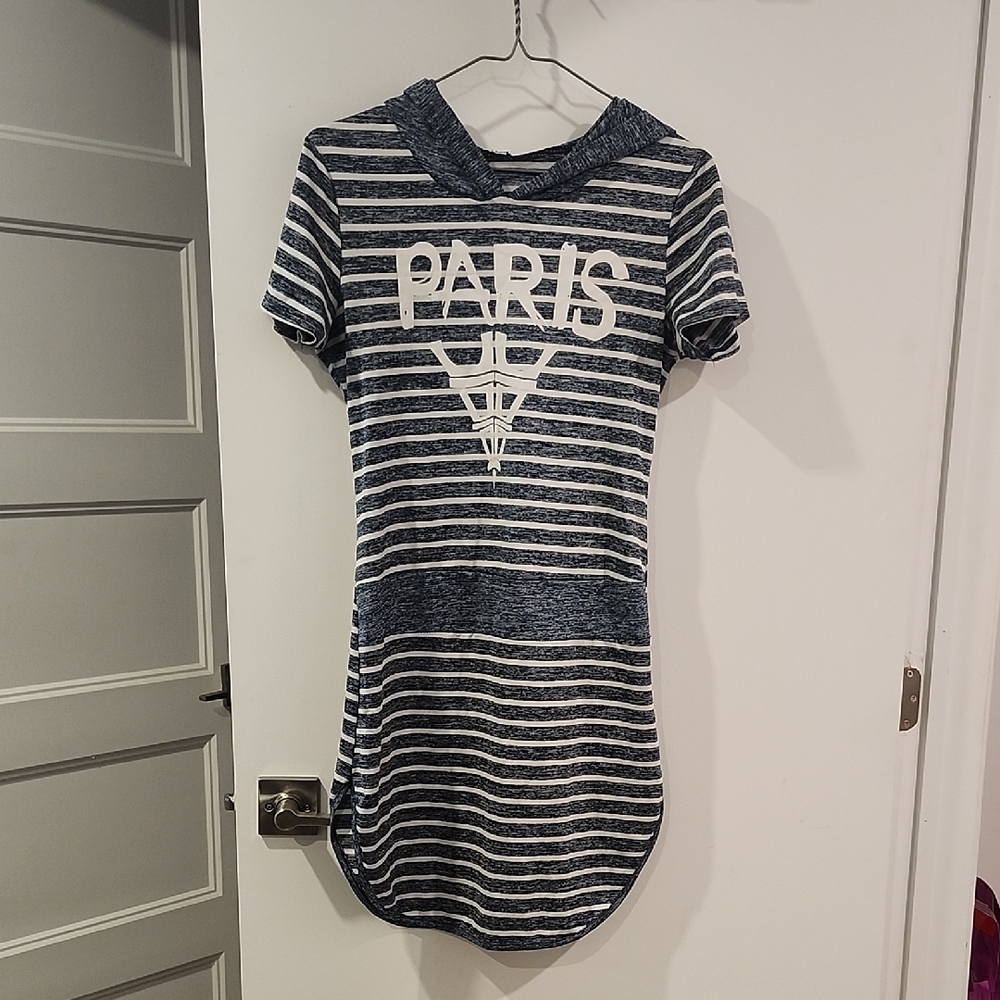 Striped Navy and White Hooded Mini Dress - Paris Graphic